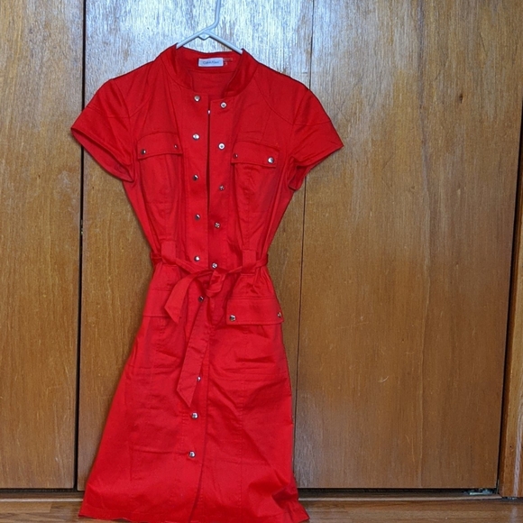 Calvin Klein Dresses & Skirts - Calvin Klein red snap up belted short sleeve dress